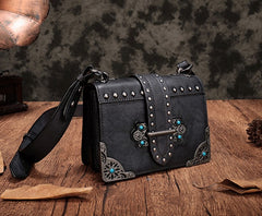 Vintage Brown Leather Small Rivet Shoulder Bag Retro Crossbody Purse For Women