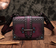 Vintage Brown Leather Small Rivet Shoulder Bag Retro Crossbody Purse For Women