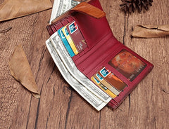 Vintage Brown Leather Womens Bifold Small Wallet Red billfold Wallet for Women
