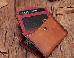 Vintage Brown Leather Womens Bifold Small Wallet Red billfold Wallet for Women