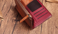 Vintage Brown Leather Womens Bifold Small Wallet Red billfold Wallet for Women