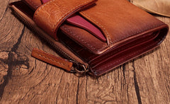 Vintage Brown Leather Womens Bifold Small Wallet Red billfold Wallet for Women
