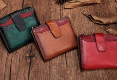 Vintage Brown Leather Womens Bifold Small Wallet Red billfold Wallet for Women
