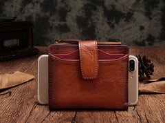 Vintage Brown Leather Womens Bifold Small Wallet Red billfold Wallet for Women