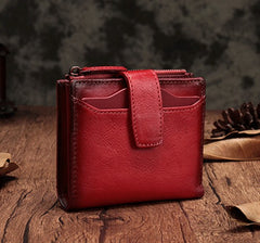 Vintage Brown Leather Womens Bifold Small Wallet Red billfold Wallet for Women
