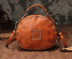 Vintage Brown Leather Womens Round Handbag Black Shoulder Circle Bag Purse For Women