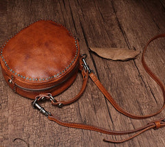 Vintage Brown Leather Womens Round Handbag Black Shoulder Circle Bag Purse For Women