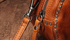 Vintage Brown Leather Womens Round Handbag Black Shoulder Circle Bag Purse For Women