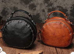 Vintage Brown Leather Womens Round Handbag Black Shoulder Circle Bag Purse For Women