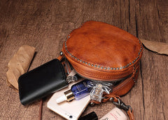 Vintage Brown Leather Womens Round Handbag Black Shoulder Circle Bag Purse For Women