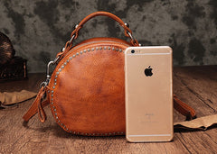 Vintage Brown Leather Womens Round Handbag Black Shoulder Circle Bag Purse For Women