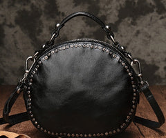 Vintage Brown Leather Womens Round Handbag Black Shoulder Circle Bag Purse For Women