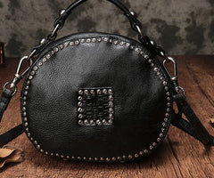 Vintage Brown Leather Womens Round Handbag Black Shoulder Circle Bag Purse For Women