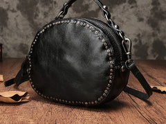 Vintage Brown Leather Womens Round Handbag Black Shoulder Circle Bag Purse For Women