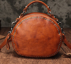 Vintage Brown Leather Womens Round Handbag Black Shoulder Circle Bag Purse For Women