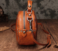 Vintage Brown Leather Womens Round Handbag Black Shoulder Circle Bag Purse For Women