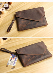 Vintage Business Leather Mens Black Envelope Bag Document Purse Dark Brown Clutch For Men