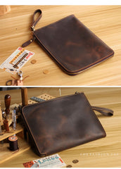 Vintage Business Leather Mens Brown Envelope Bag - Leather Texture Detail