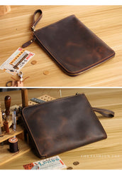 Vintage Business Leather Mens Brown Envelope Bag Document Purse Dark Brown Clutch For Men