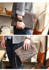 Vintage Business Leather Mens Black Envelope Bag Document Purse Dark Brown Clutch For Men