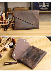 Vintage Business Leather Mens Black Envelope Bag Document Purse Dark Brown Clutch For Men