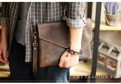 Vintage Business Leather Mens Black Envelope Bag Document Purse Dark Brown Clutch For Men