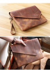 Vintage Business Leather Mens Black Envelope Bag Document Purse Dark Brown Clutch For Men