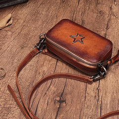Vintage Leather Tan Womens Clutch Side Purse Small Cube Shoulder Bag Leather Purse Crossbody Bags