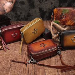 Vintage Leather Tan Womens Clutch Side Purse Small Cube Shoulder Bag Leather Purse Crossbody Bags