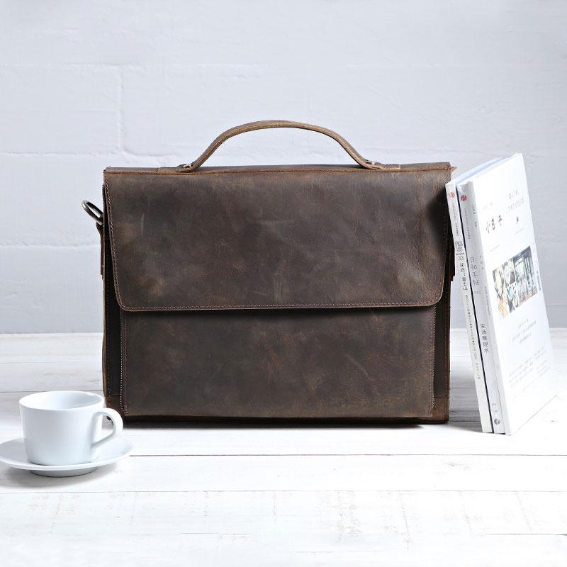 Vintage Coffee Leather Mens Briefcases Work Bag Laptop Bag Business Bag for Men