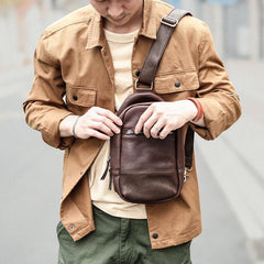 Vintage Dark Brown Leather Mens Chest Bag Red Brown Sling Bag Sling Pack For Men