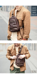 Vintage Dark Brown Leather Mens Chest Bag Red Brown Sling Bag Sling Pack For Men