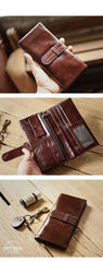 Vintage Red Brown Leather Mens Long Wallet Bifold Zipper Long Wallet For Men