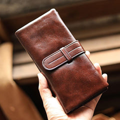 Vintage Red Brown Leather Mens Long Wallet Bifold Zipper Long Wallet For Men