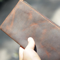 Vintage Dark Brown Leather Mens Phone Wallet Clutch Bag Wristlet Bag Zipper Long Wallet For Men