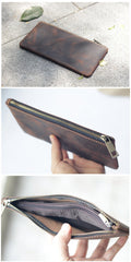 Vintage Dark Brown Leather Mens Phone Wallet Clutch Bag Wristlet Bag Zipper Long Wallet For Men