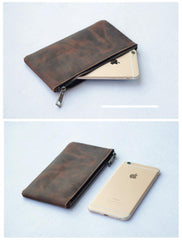 Vintage Dark Brown Leather Mens Phone Wallet Clutch Bag Wristlet Bag Zipper Long Wallet For Men