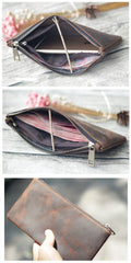 Vintage Dark Brown Leather Mens Phone Wallet Clutch Bag Wristlet Bag Zipper Long Wallet For Men