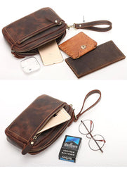 Vintage Dark Brown Leather Mens Phone Wallet Clutch Wallet Wristlet Bag Zipper Long Wallet For Men