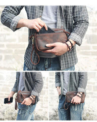 Vintage Dark Brown Leather Mens Phone Wallet Clutch Wallet Wristlet Bag Zipper Long Wallet For Men