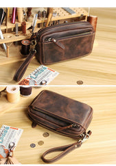 Vintage Dark Brown Leather Mens Phone Wallet Clutch Wallet Wristlet Bag Zipper Long Wallet For Men