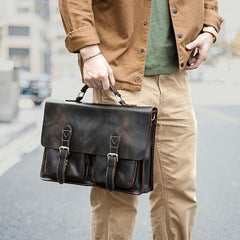 Vintage Dark Brown Mens Leather Briefcase Work Handbag Dark Coffee 14'' Computer Briefcase For Men