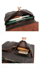 Vintage Dark Brown Mens Leather Briefcase Work Handbag Dark Coffee 14'' Computer Briefcase For Men