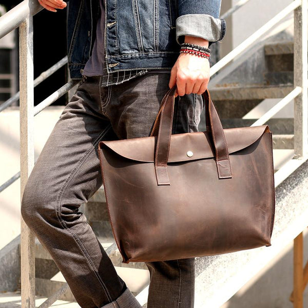 Vintage Dark Brown Mens Leather Briefcase Work - Back View