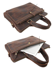 Vintage Dark Brown Mens Leather Briefcase Work - Chain Detail