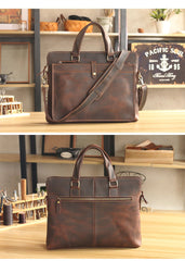 Vintage Dark Brown Mens Leather Briefcase Work - Leather Texture Detail