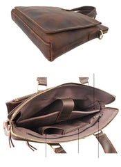 Vintage Dark Brown Mens Leather Briefcase Work Handbags Black 14'' Computer Briefcases For Men
