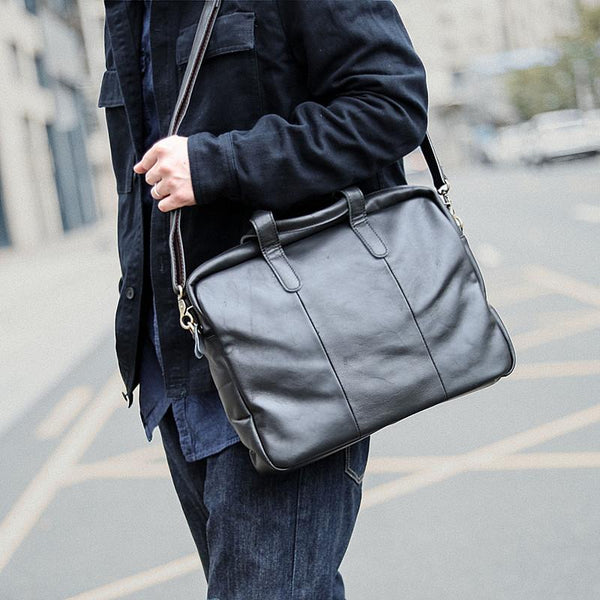 Vintage Coffee Mens Leather Briefcase Work Handbag - Back View