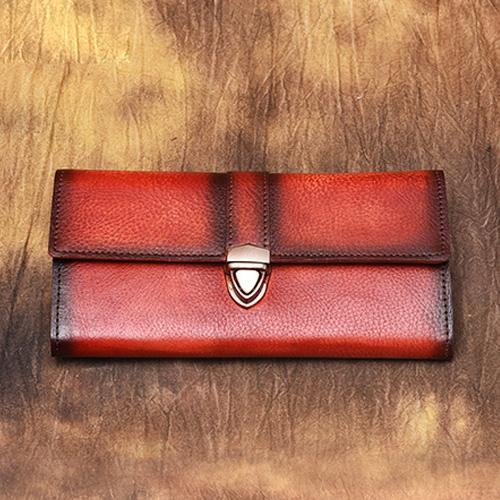 Red Vintage Folded Womens Leather Long Wallet Green Clutch Bags Purses for Ladies