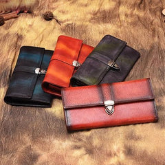 Red Vintage Folded Womens Leather Long Wallet Green Clutch Bags Purses for Ladies